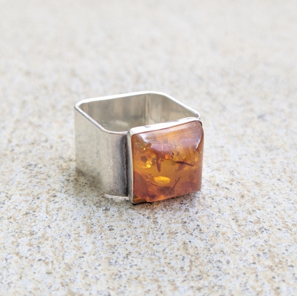 Sterling Silver Ring Orange Amber Square 9 Modern Avant Garde